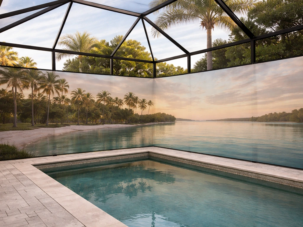 Custom printed scenic privacy screen beside a pool in a Florida patio enclosure