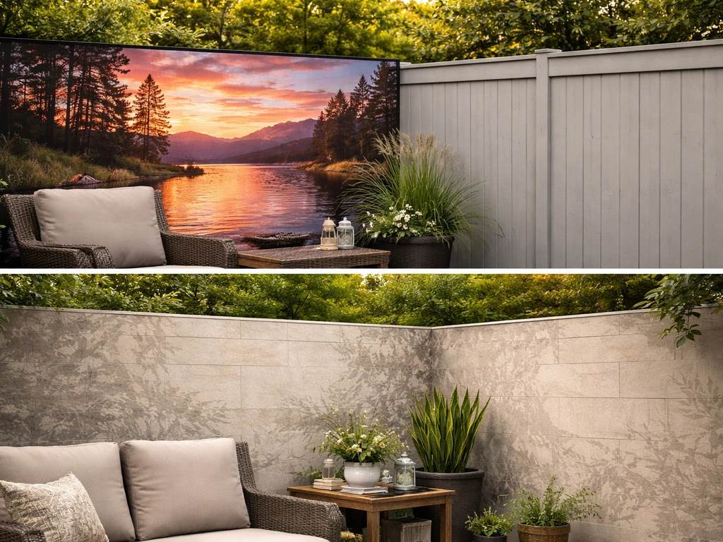 Split view contrasting a custom scenic patio privacy screen with a generic patio wall vignette.