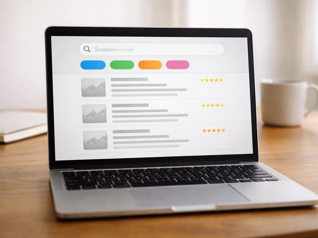 Laptop screen showing generic review filters by location and service type with a list of reviews below.