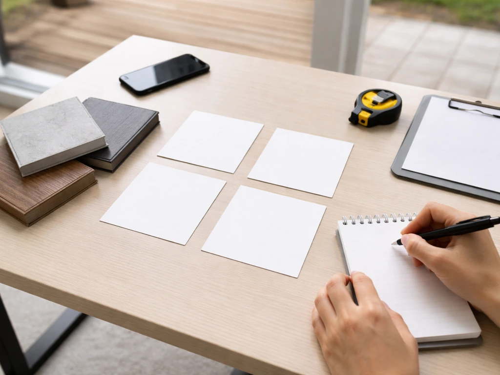 Hands compare patio provider options using blank cards and a notepad on a simple desk.