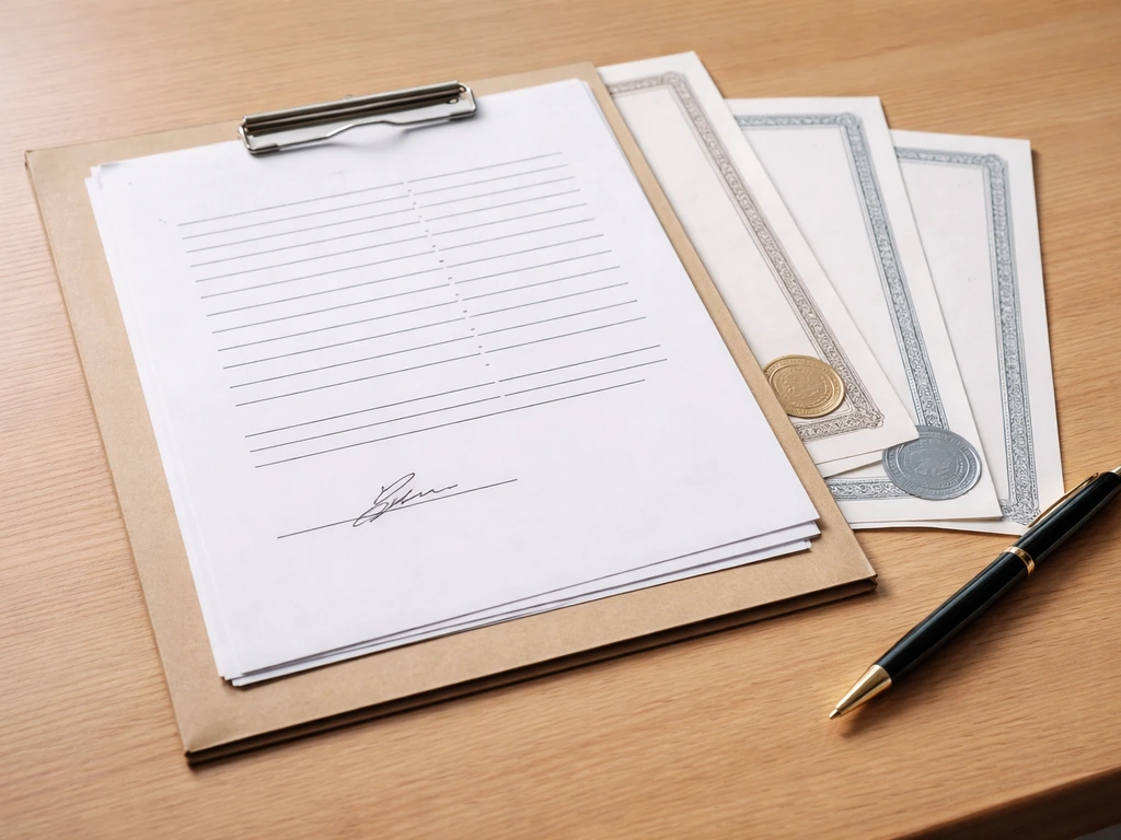 Neatly arranged contract, cost sheet, and permit/insurance certificate documents on a wooden table with a pen.