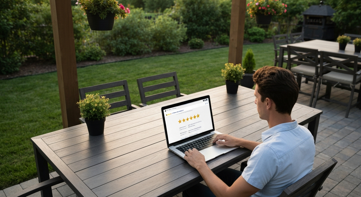 Homeowner researching patio reviews on a laptop while sitting on a patio with a pergola and furniture in warm afternoon light.