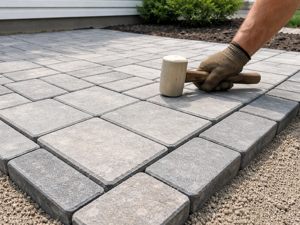 Close-up of skilled patio paver installation with crisp edges and properly graded base in natural light.
