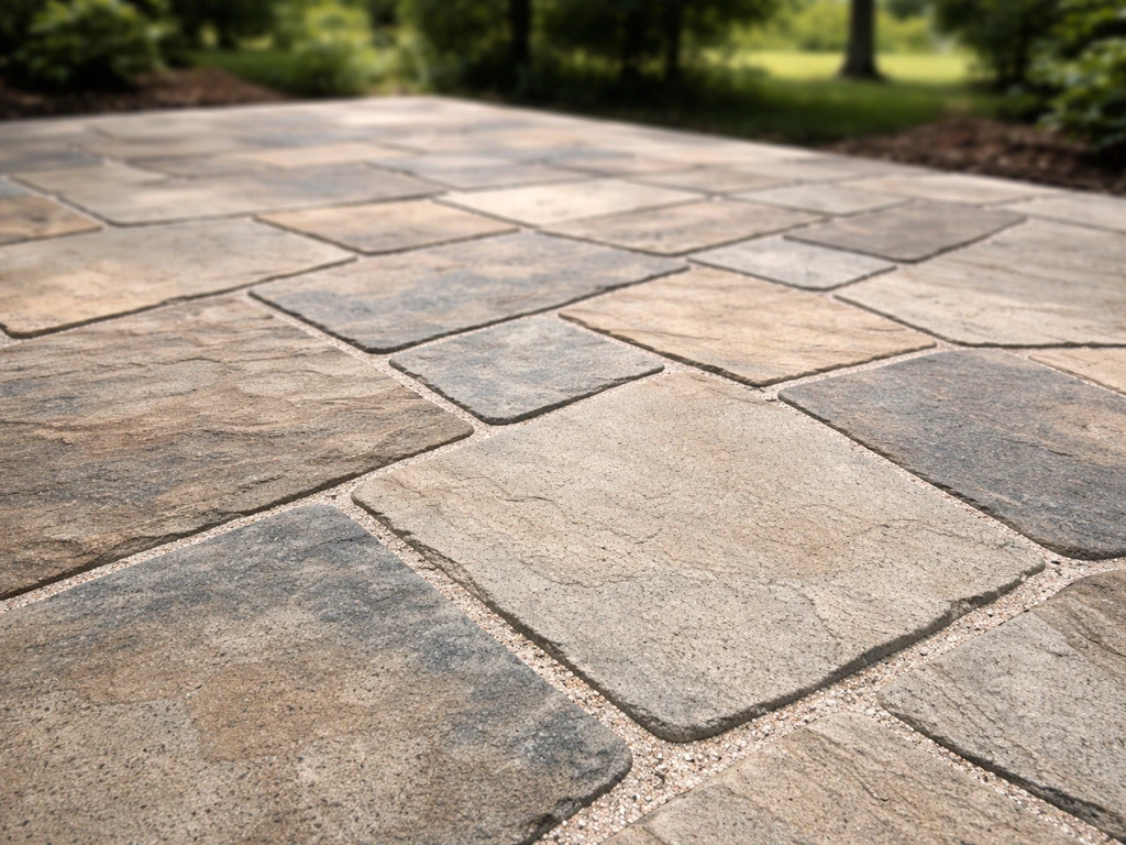 Close-up of flagstone patio with detailed texture and neatly filled joints between stones.