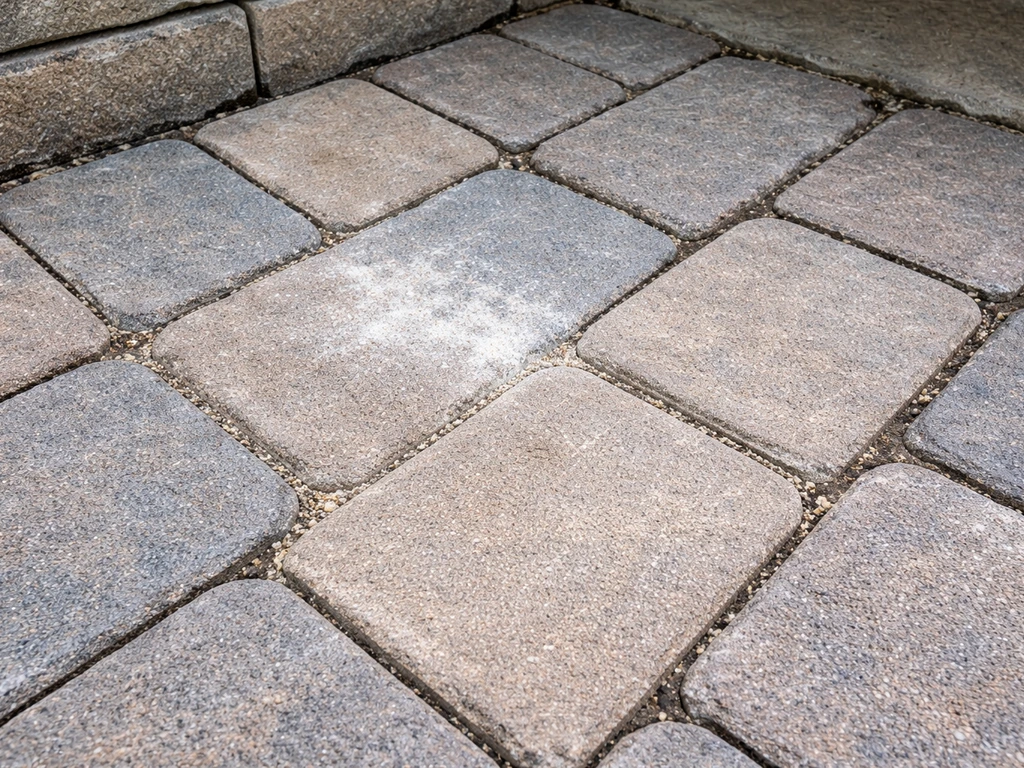 Close-up of a patio corner with white polymeric sand residue and uneven, washed-out paver joints.