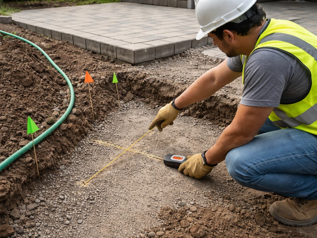 Contractor on a patio site explaining base preparation and drainage while measuring an excavation area
