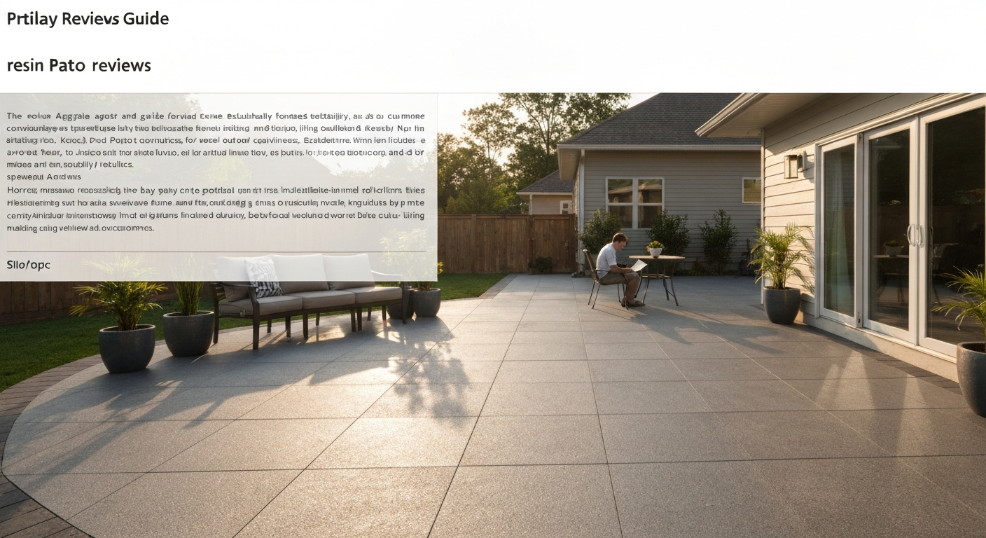 Backyard resin patio with modern furniture and homeowner reviewing paperwork; durable, attractive outdoor surface