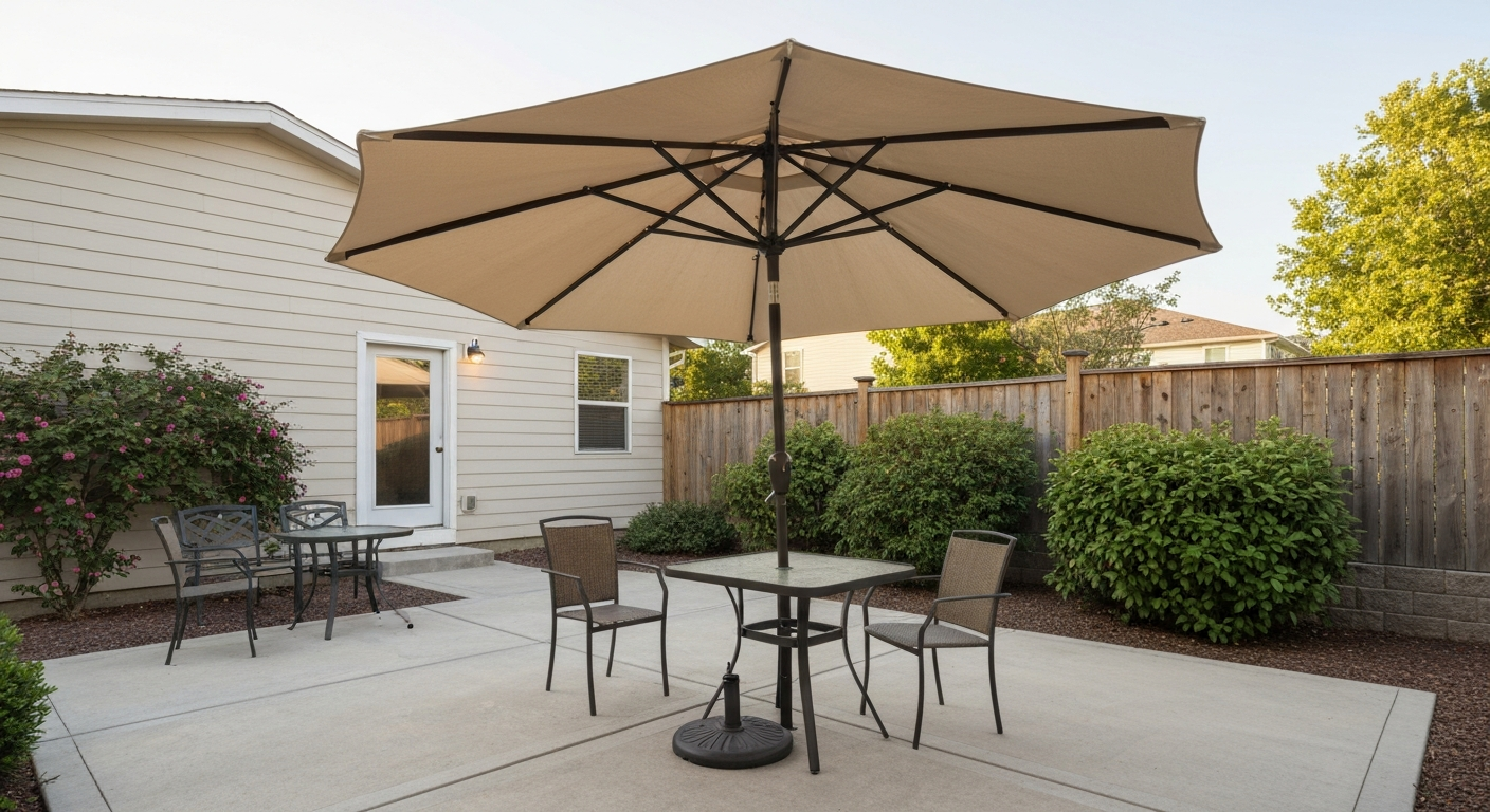 Backyard patio with a beige market umbrella shading a bistro set, showing pole and canopy texture