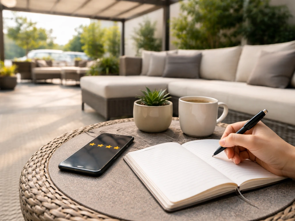 Outdoor patio showroom with an open notebook and phone showing star icons, suggesting review-based installer selection.