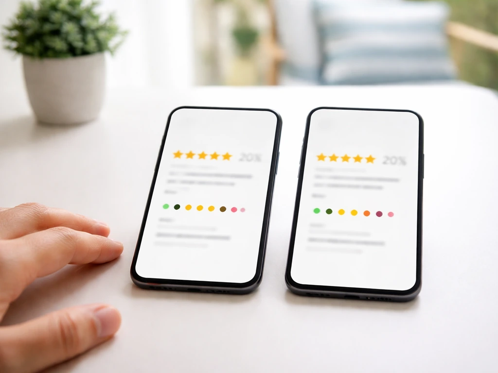 Minimal desk scene with a smartphone displaying blurred review-style icons and star ratings