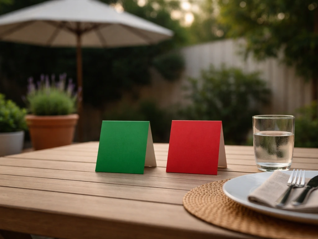 Minimal outdoor patio table with blank review cards suggesting a red vs green comparison