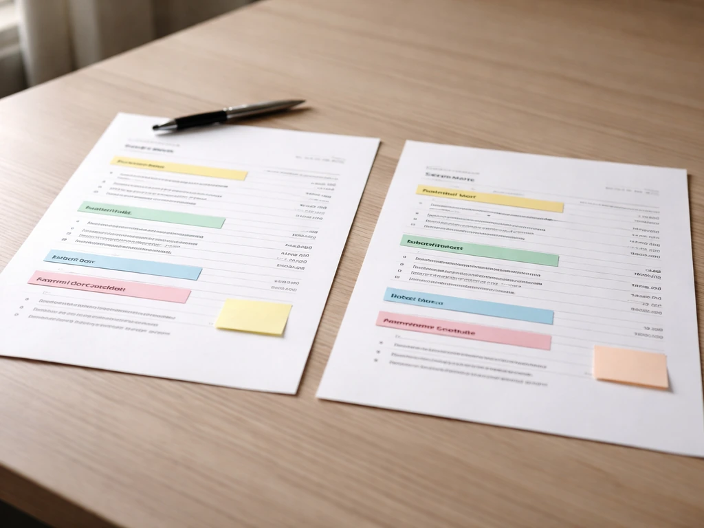 Two itemized estimate papers on a desk with highlighted sections and a pen nearby.