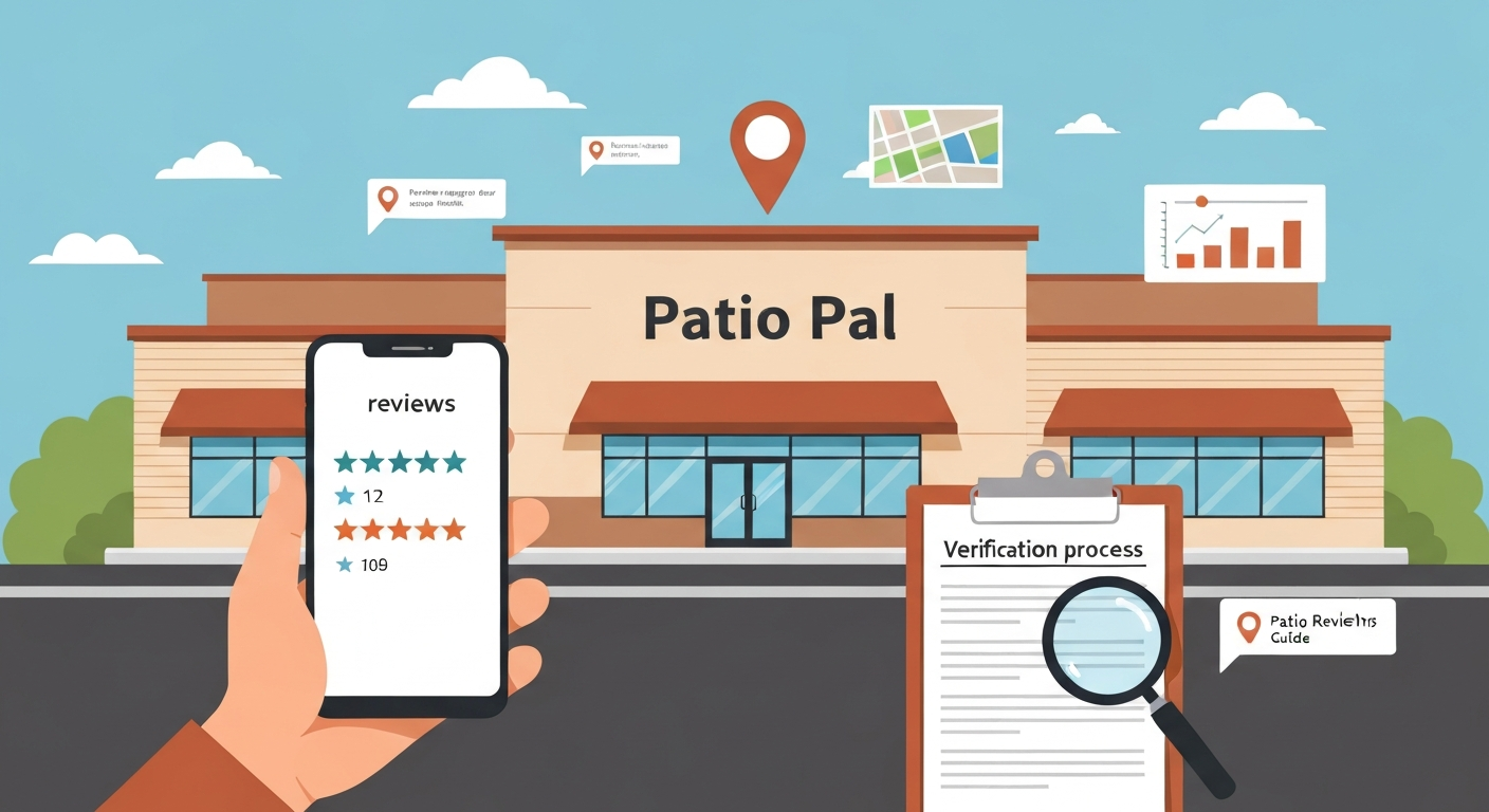 Vector illustration of a Patio Pal storefront with a homeowner checking online reviews on a phone, an overlaid star rating and a clipboard labeled 'Verification process', plus subtle charts and a map pin — visualizing review aggregation and verification.