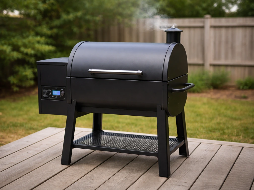 Compact pellet grill on a backyard patio with the lid closed and controller visible, faint smoke rising.