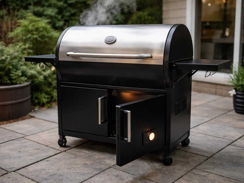 Clean Patio Legend 410 grill on a home patio with a subtle glow and visible temperature display.