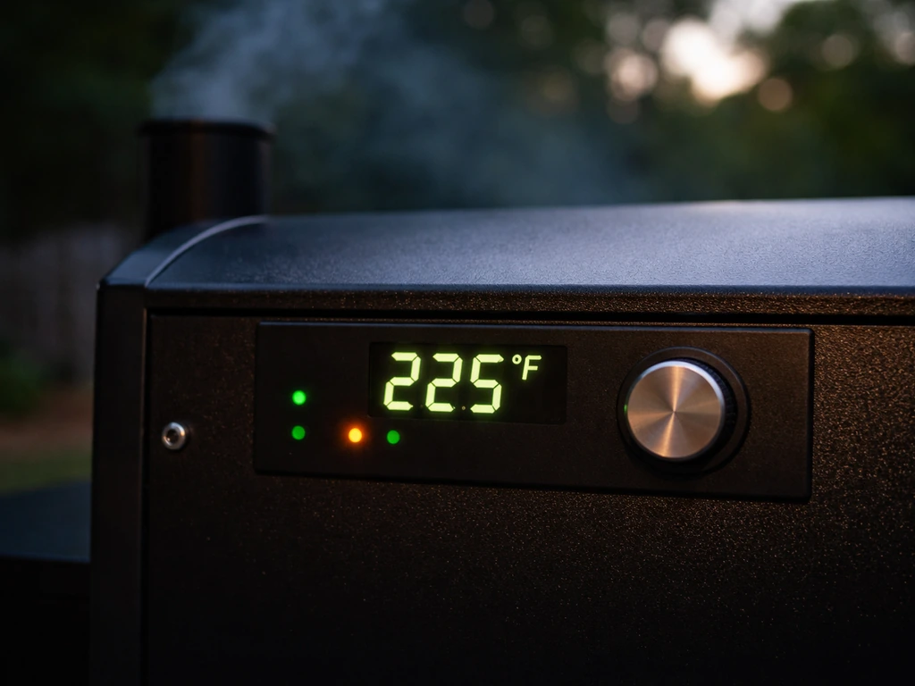 Close-up of a smoker’s control panel with steady temperature display and faint white smoke at low heat.