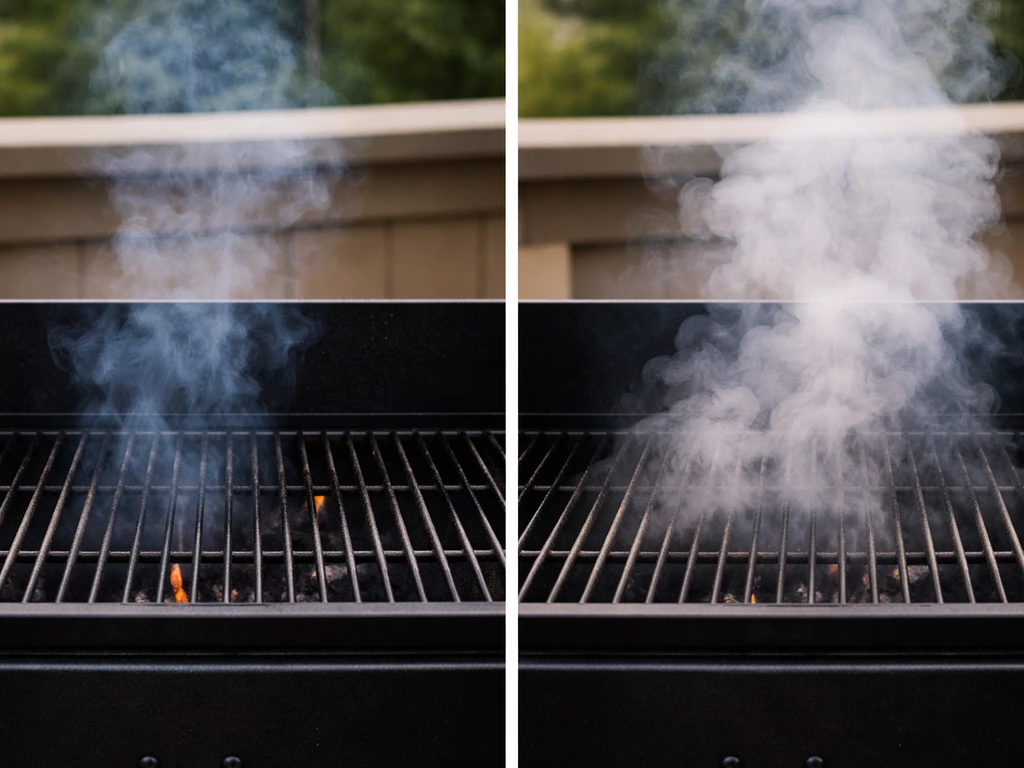 Side-by-side grill smoke comparison: thin light smoke on one side, thick white smoke on the other.