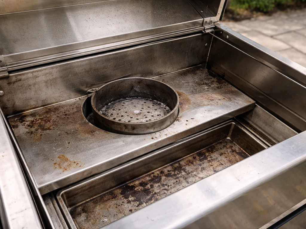 Close-up of an open outdoor stainless grill showing fire pot, heat deflector, and drip pan after cooking.