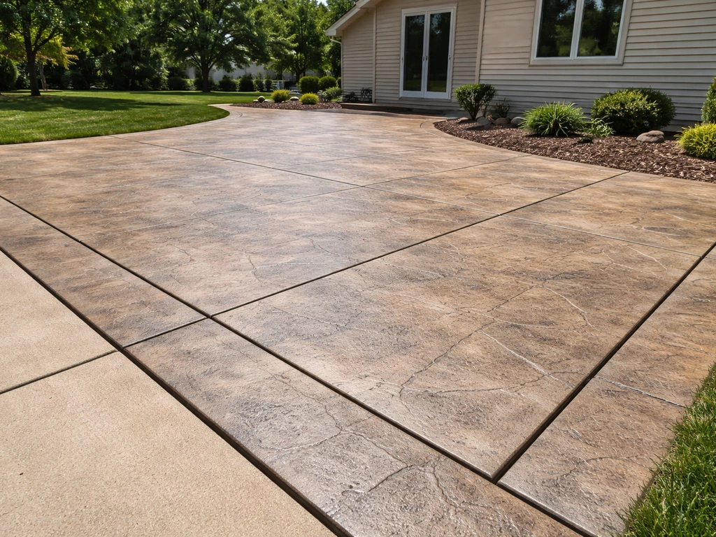 Stamped concrete patio and driveway with visible texture and clear borders in a clean residential Appleton setting