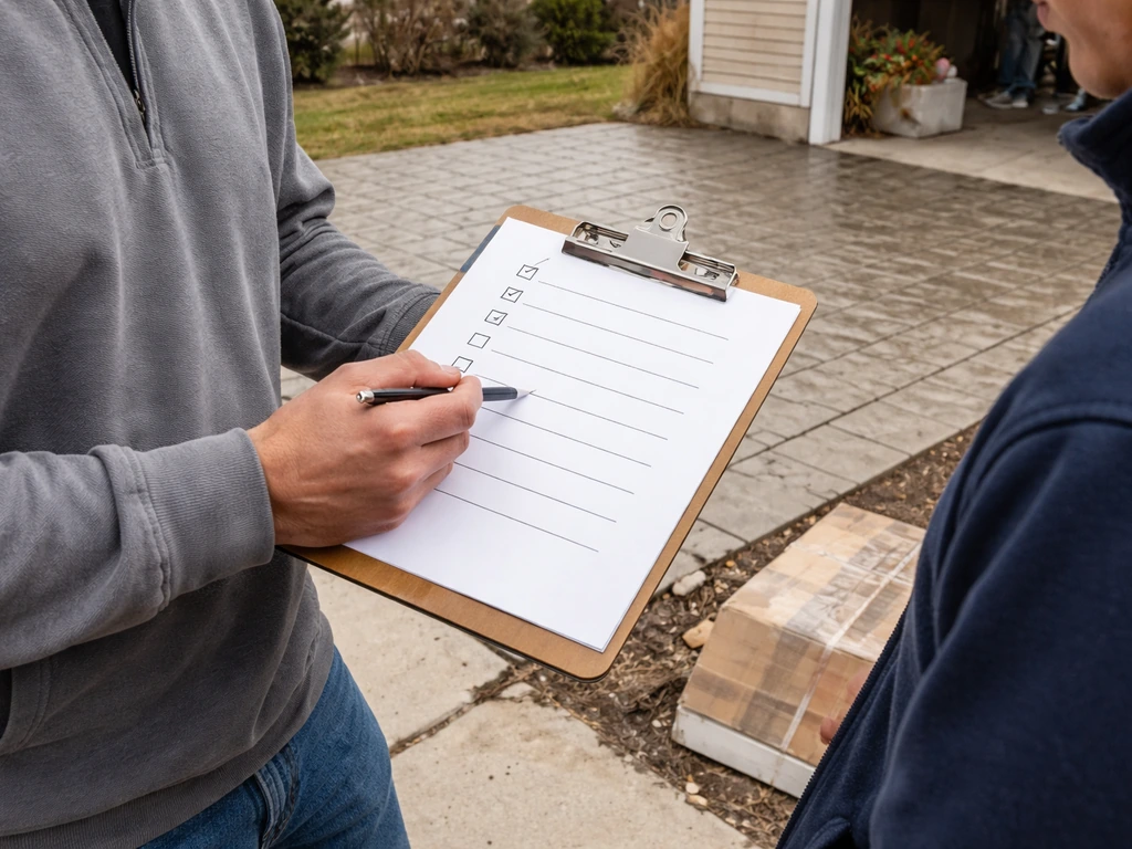 Contractor and homeowner review stamped concrete details at a quiet driveway walkthrough with a clipboard.
