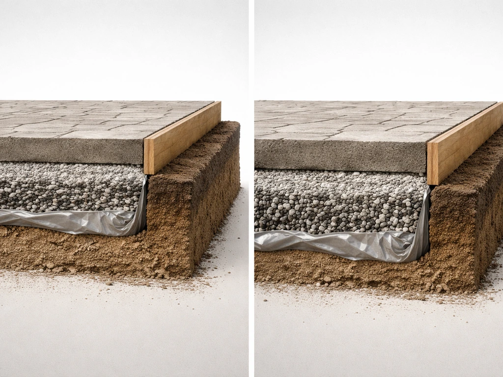 Minimal cross-section style photo of patio vs driveway stamped concrete prep with excavation depth, gravel, barrier, and