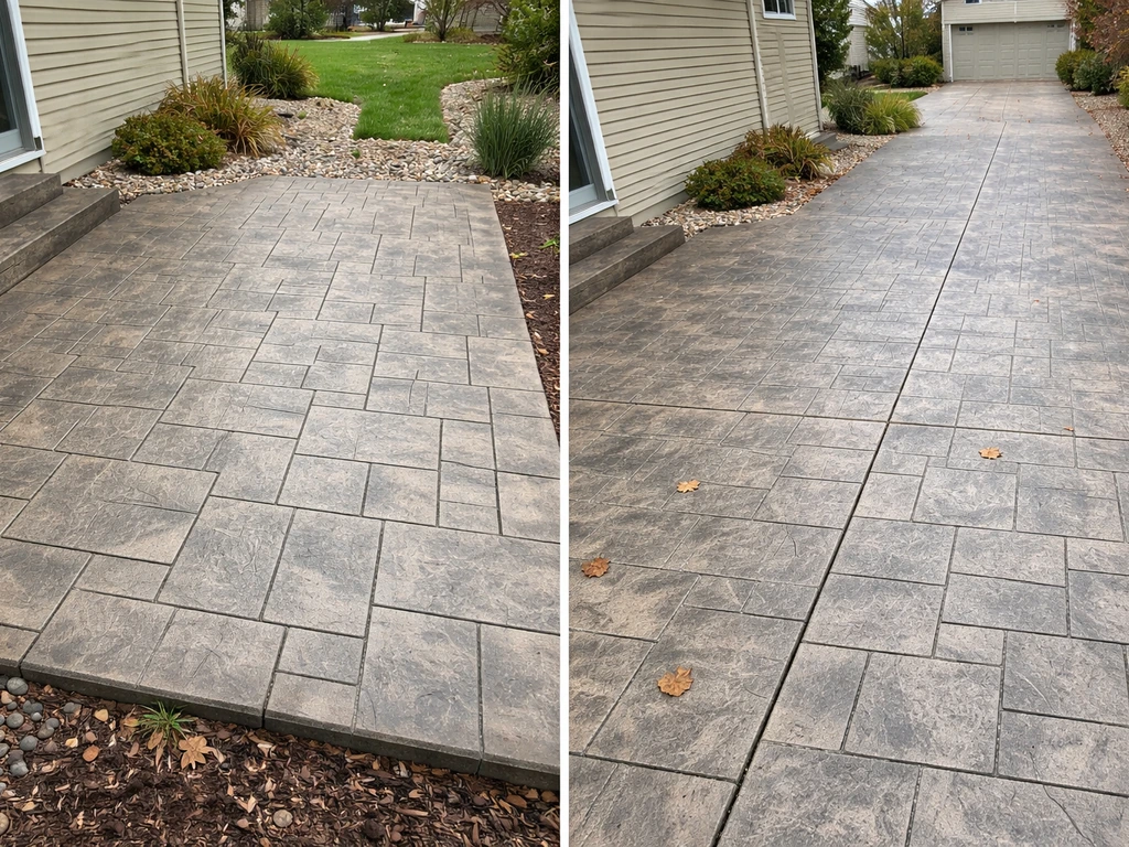 Side-by-side stamped patio and driveway showing tight patio joints and wider freeze-thaw control joints.