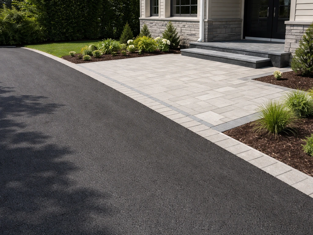 Bright residential driveway and patio hardscape with clean asphalt and paver edges, showing quality workmanship.