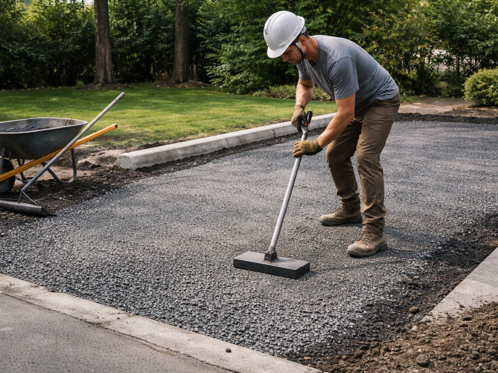 Contractor works on residential driveway, laying asphalt or base layer near a patio.