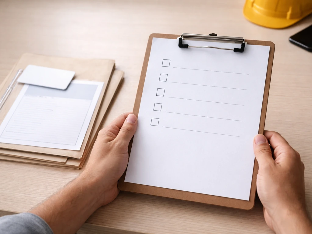 Hand holding a clipboard checklist while contractor license and insurance documents sit on a desk