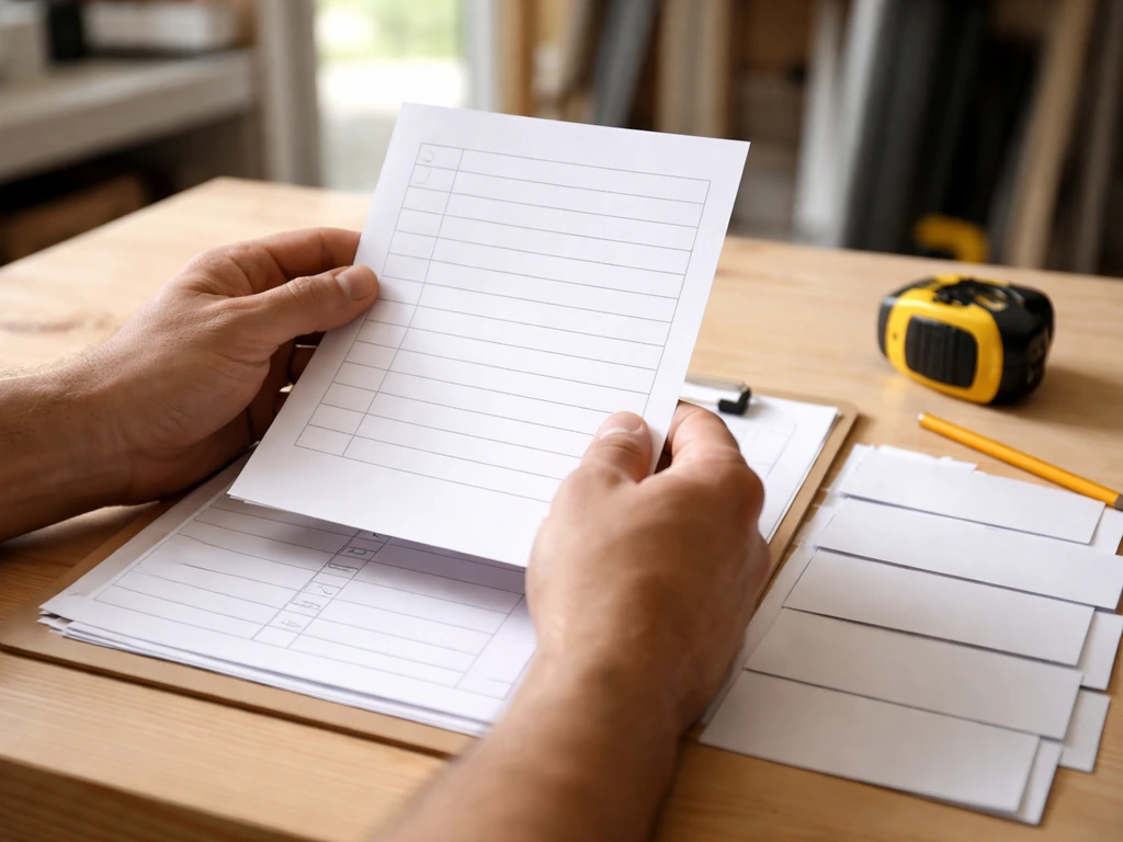 Minimal photo of a contractor’s workspace with quote papers and cost breakdown items laid out neatly.