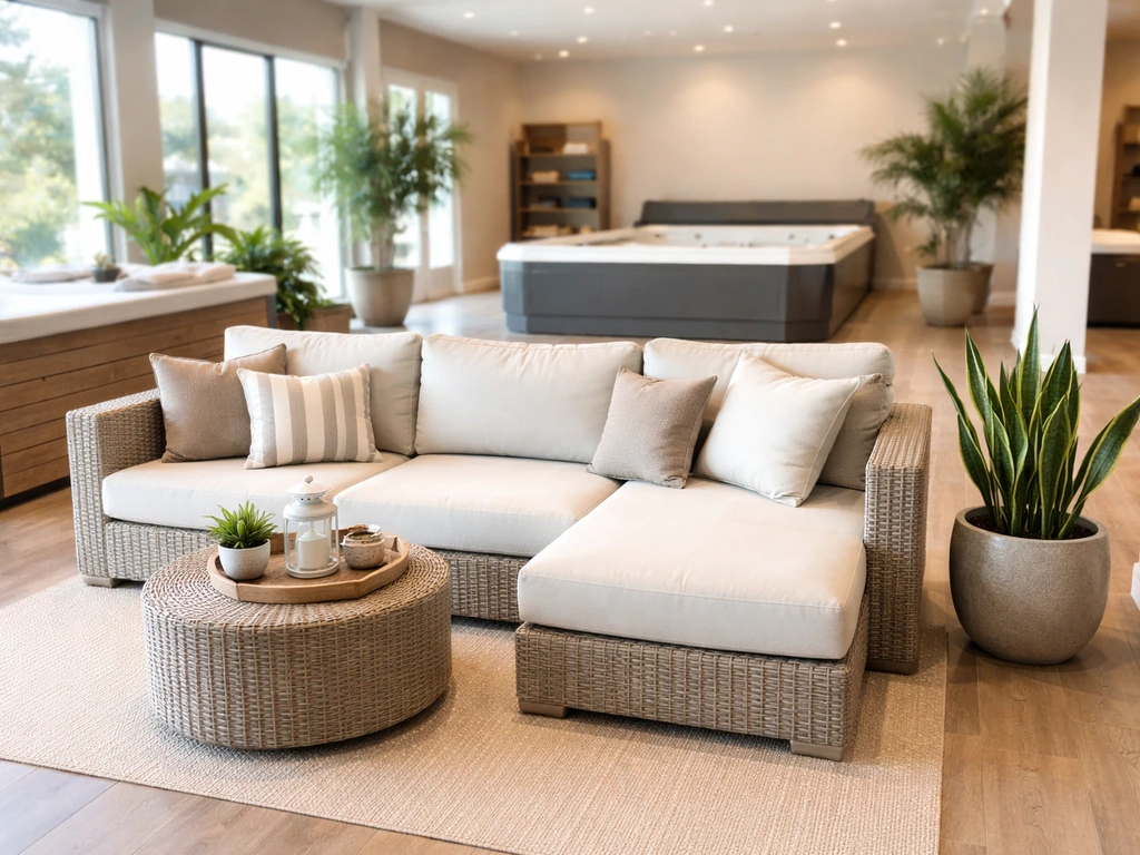 Bright patio showroom foreground with a softly blurred hot tub vignette in the background.