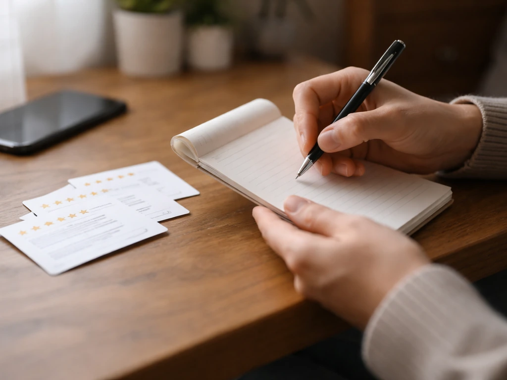 Hands reviewing generic review cards and a blank notepad at a wooden desk in natural light.
