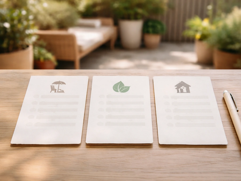 Minimal desk scene with three printed review cards showing outdoor business categories and complaints, no readable text.