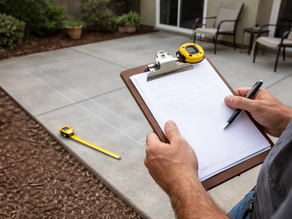 Installer holds a clipboard with insurance/license papers while marking an outdoor patio layout