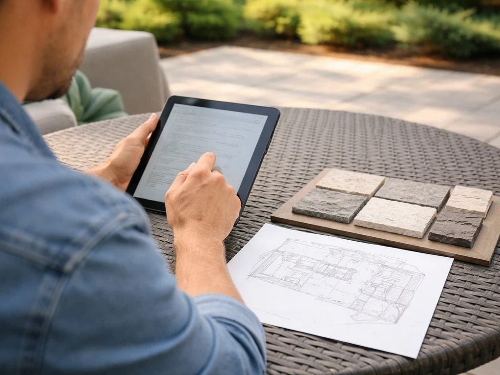 Homeowner reading mun patio reviews on a tablet beside a patio sketch and materials sample on a patio table.