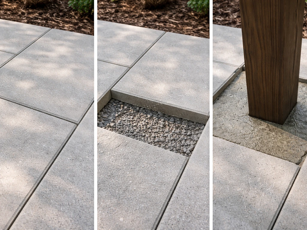 Three close-up scenes showing level pavers, compacted base beneath, and pergola posts set in concrete.