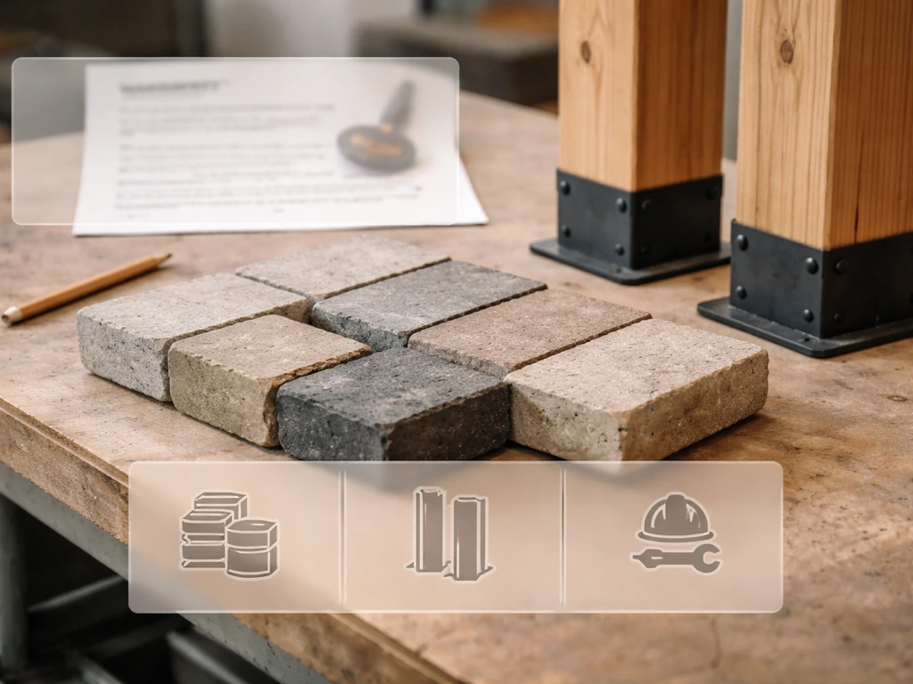 Close-up of patio paver sample board with an out-of-focus warranty document stamp and soft quote items overlay