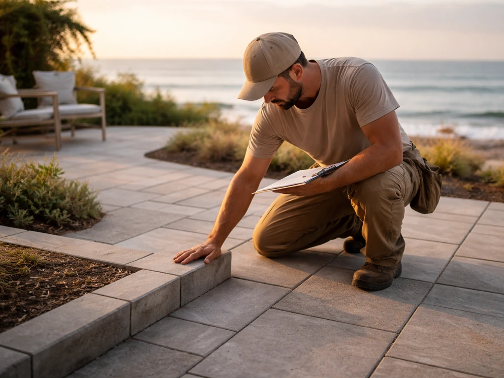 Contractor-style inspection on a coastal patio with ocean view backdrop, comparing real patio experiences.