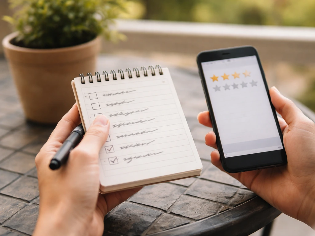 Close-up of a hand holding a small checklist and a phone with unread star ratings, minimal patio backdrop.
