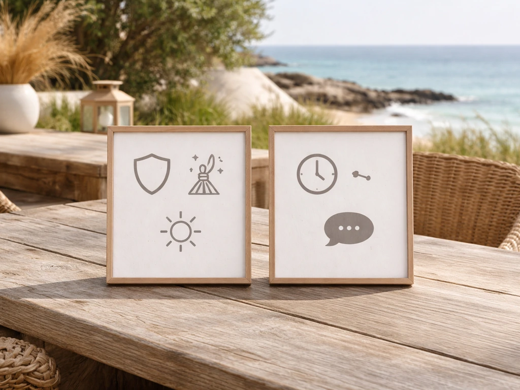Minimal coastal patio table with two framed pros-and-cons icon cards facing camera.