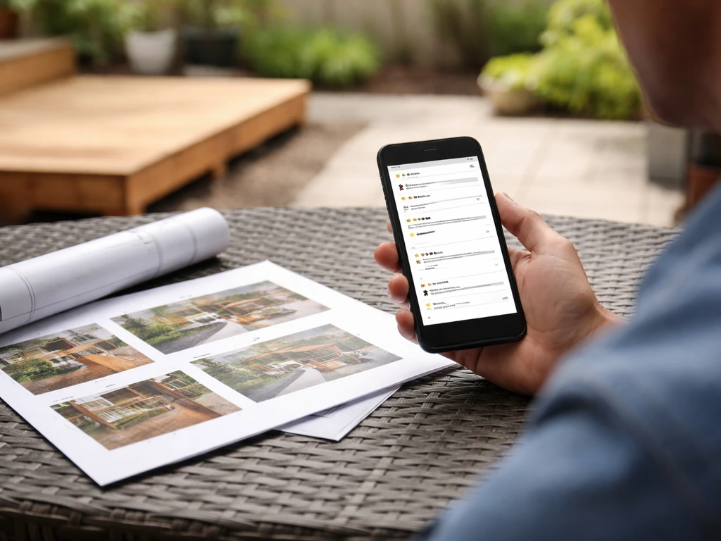 Homeowner on a patio using a smartphone and printed deck/patio photos to compare contractor reviews.