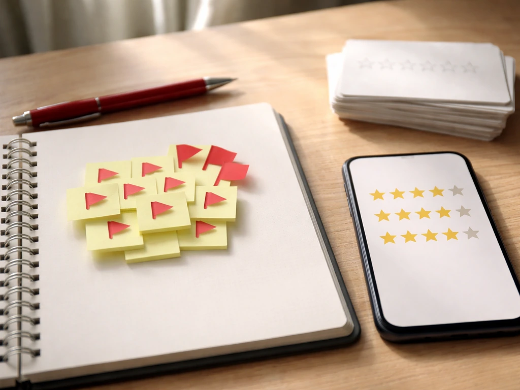 Minimal desk scene showing a red-flag timeline cluster with repeated review notes, no readable text.