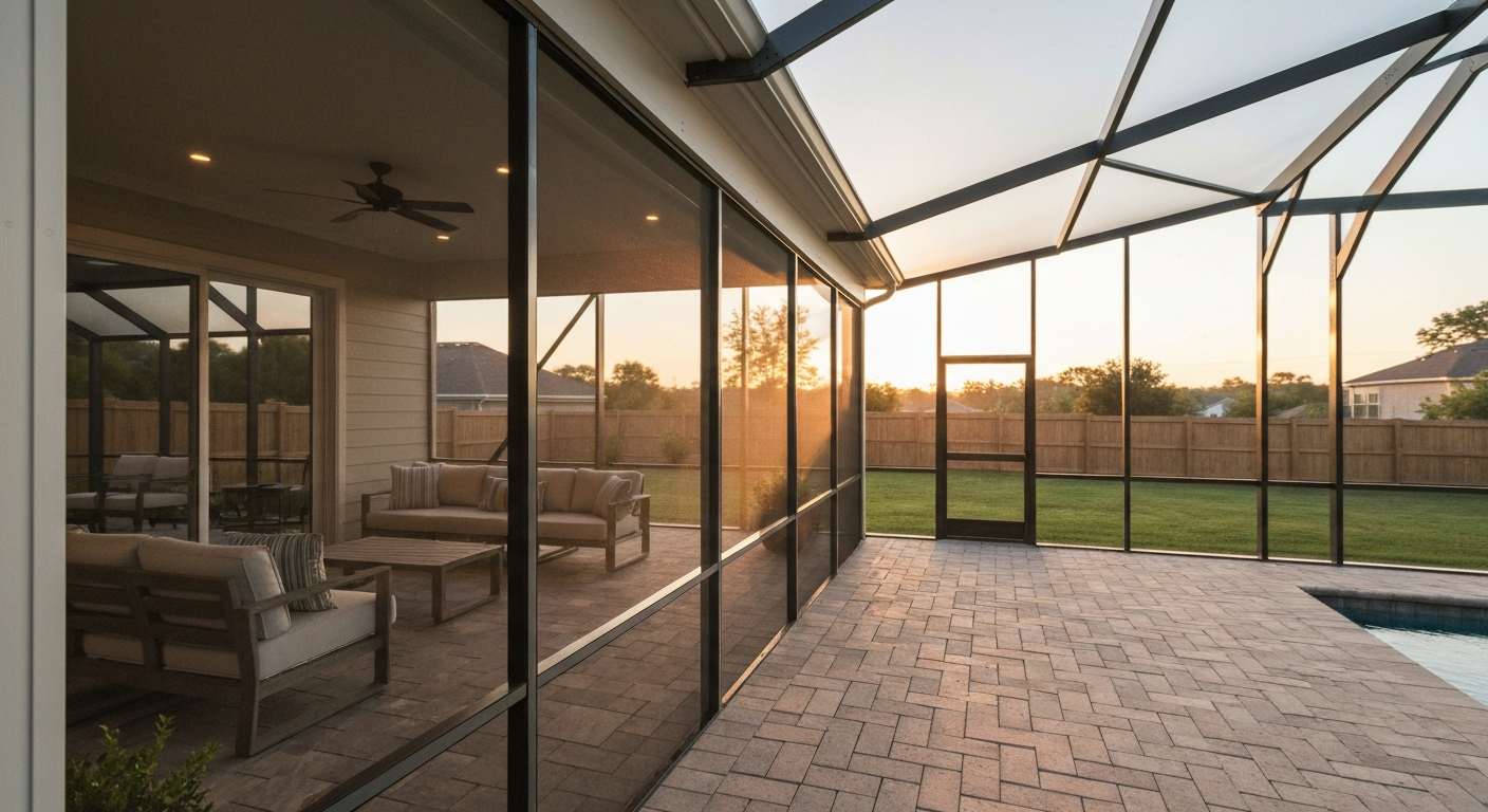 Sunlit aluminum-framed screened porch with patio furniture, wide view showing screen mesh and surrounding yard.