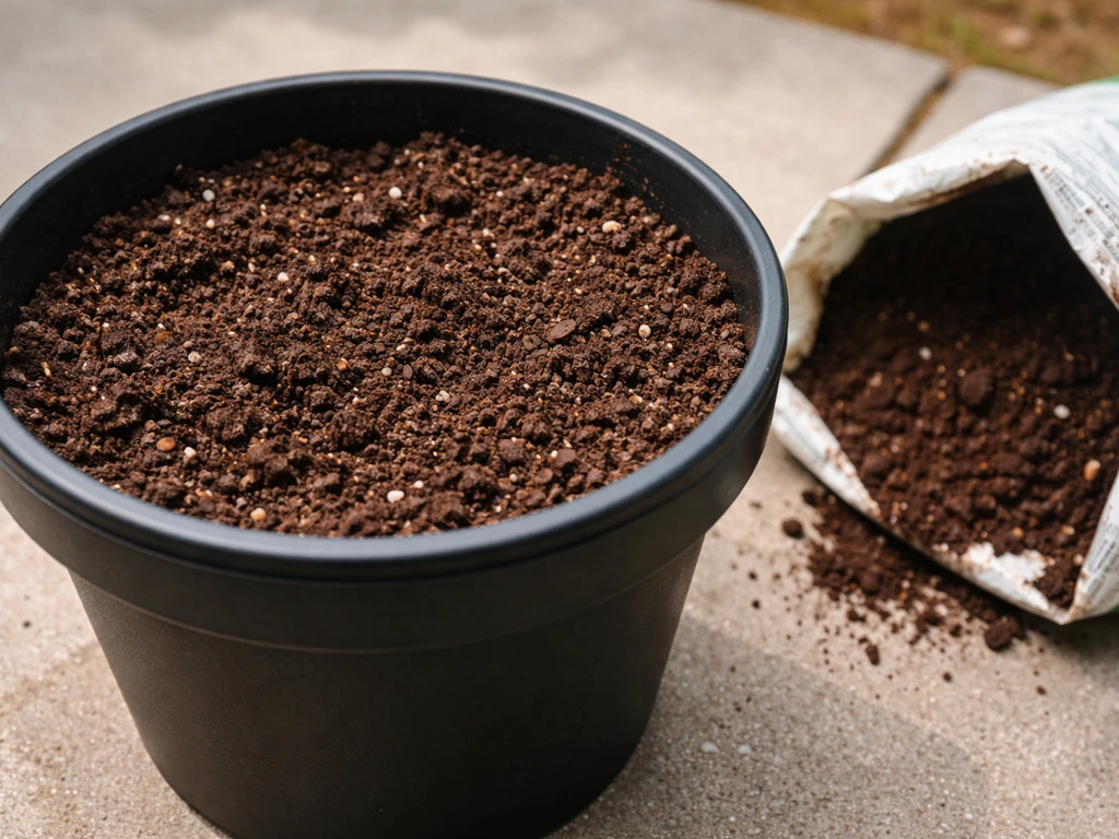 Close-up of Kellogg Patio Plus potting soil in a container with a soil-surface view and soil bag nearby.