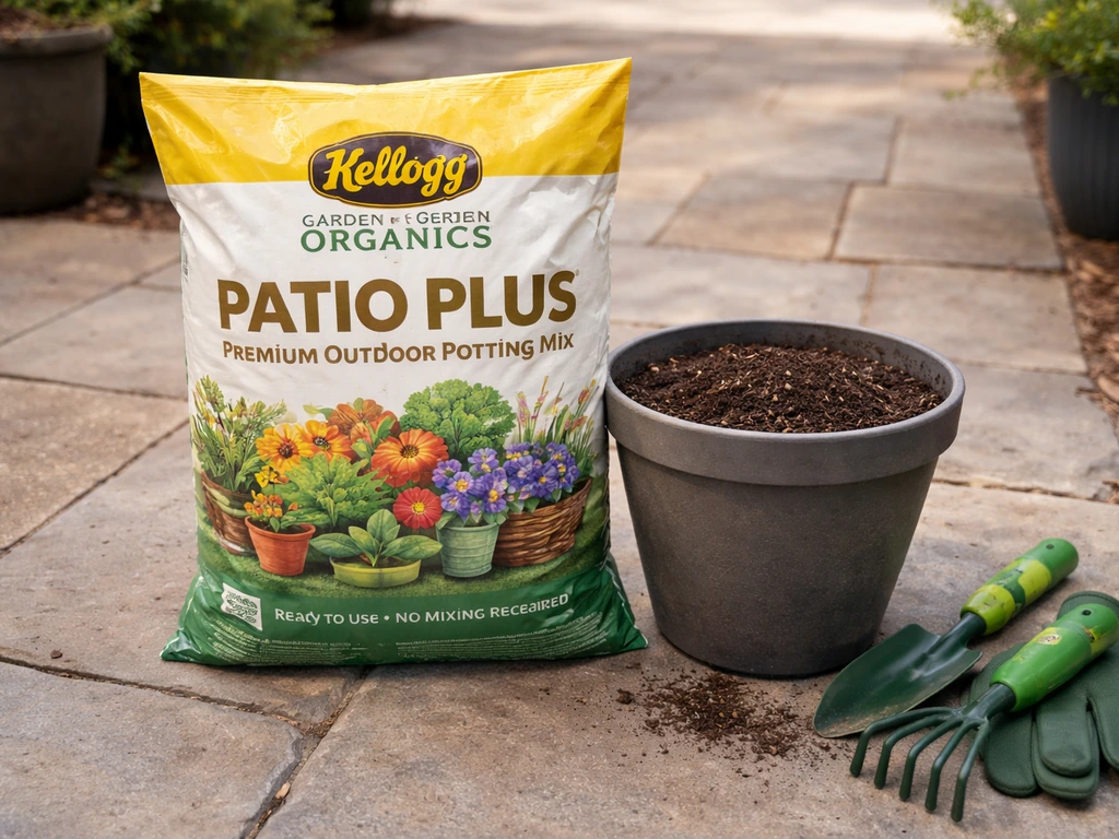 Kellogg Patio Plus potting mix bag next to a small container pot outdoors on a patio