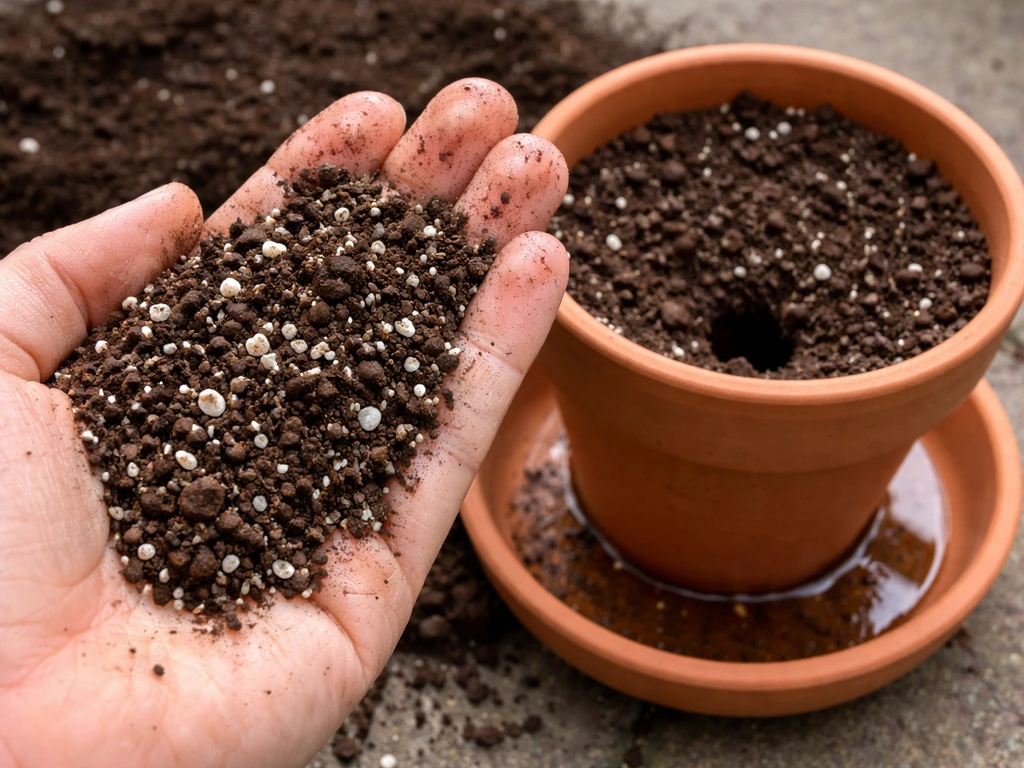 Close-up of potting mix texture with fine peat and perlite, beside a terra-cotta pot showing drainage water.