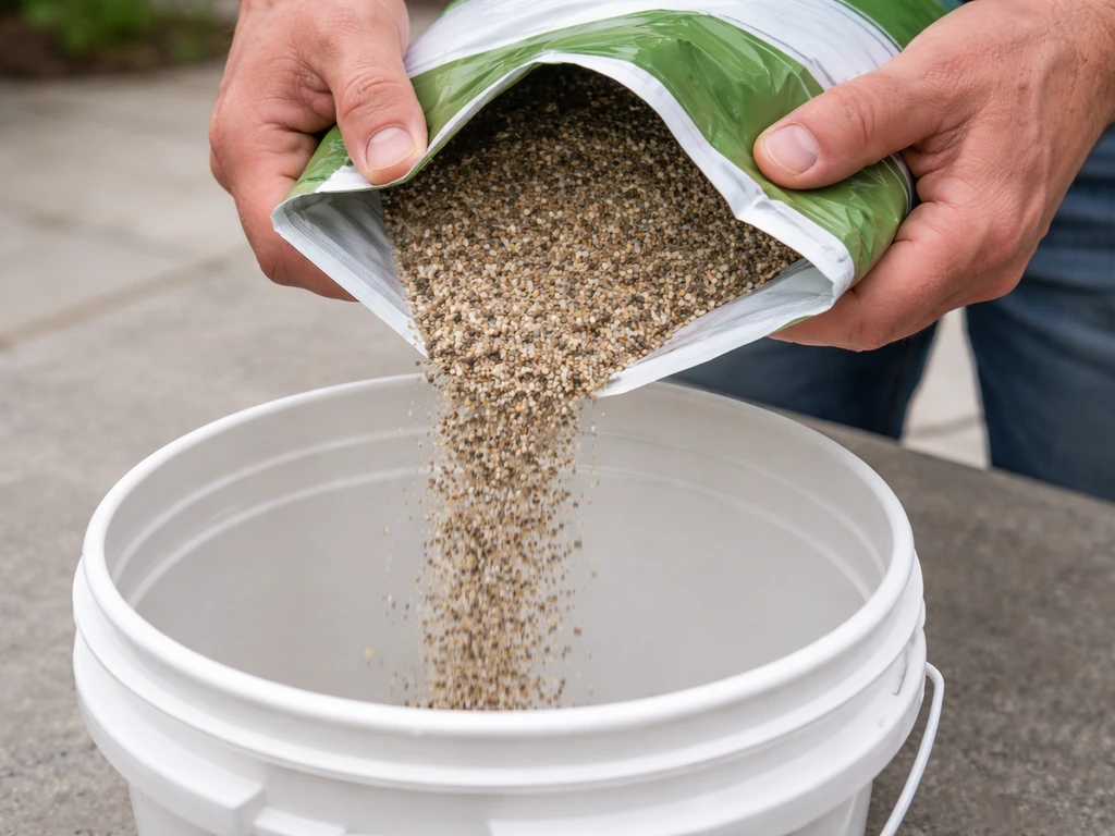 Close-up of an open patio product bag with textured granules as a person fills a container