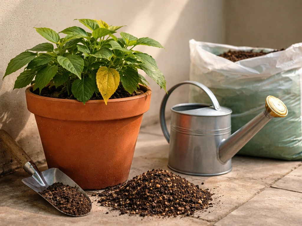 Terracotta patio plant with a few yellowing leaves beside fresh soil and a watering can for remediation
