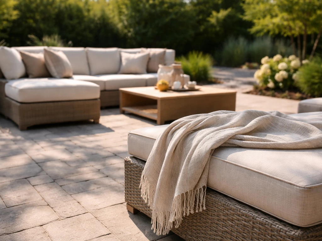 Sunlit finished patio with premium outdoor cushions and fabric covers on stone pavers.
