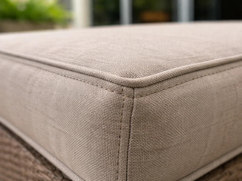 Close-up of weather-resistant patio cushion fabric with visible stitched seams and stitching detail.